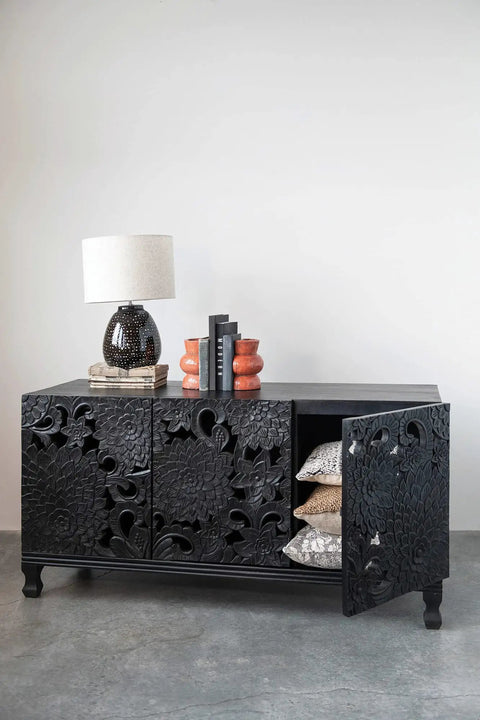 Stoneware Table Lamp In Black And White For Nightstands And Desks on ornate black dresser with carved details