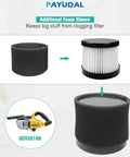 4 Pack Replacement HEPA Filters For DCV501HB And DCV5011H with foam sleeve, shown in assembly process with vacuum image