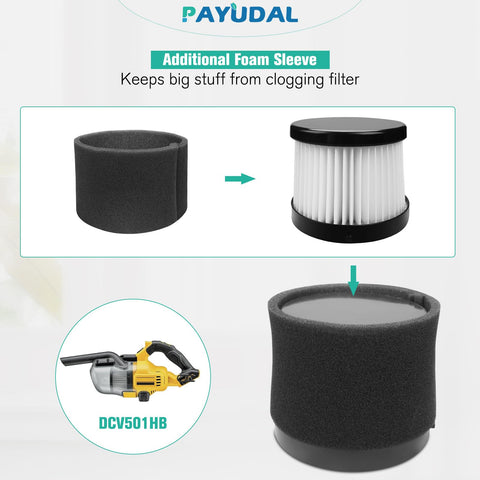 4 Pack Replacement HEPA Filters For DCV501HB And DCV5011H with foam sleeve, shown in assembly process with vacuum image