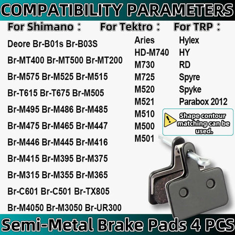 4 Pairs Bike Brake Pads Resin And Semi Metallic Ebike Disc Brake Pads With Installation Tools And Spring Compatible With MT200 TRP Tektro M355 M446 M315 M365 M520 M510 BR M575 T615 T675 compatibility chart