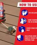 Guide showing how to use Spray Foam Sealant For Gaps And Cracks, Expands Up To 1 Inch, includes step-by-step instructions with visuals.