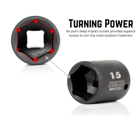 One Quarter Inch Drive Impact Socket Set For Tough Jobs And Heavy Duty Projects, close-up of 15 mm deep socket showing six-point design.
