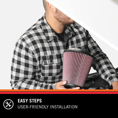 Person installing High Flow Lifetime Engine Air Filter Reusable And Washable Premium Heavy Duty Filtration For Cars And Trucks