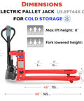 Dimensions of Cold Storage Power Pallet Jack Rated To Zero Degrees Fahrenheit Forty Four Hundred Lb Capacity with max lift height 8 inches.