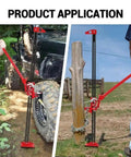 33 Inch 7000 Lbs Farm Jack With Ratcheting High Lift Mechanism shown lifting a truck and a tree stump on uneven terrain