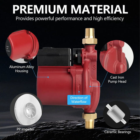 Image of Automatic Hot Water Recirculating Pump 7 GPM 32 Ft Head showing aluminum alloy housing and cast iron pump head.