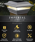 Imperial Solar Post Cap for 4x4 Posts White with High Output LED Lights on a wooden post, features listed below
