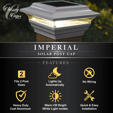 Imperial Solar Post Cap for 4x4 Posts White with High Output LED Lights on a wooden post, features listed below