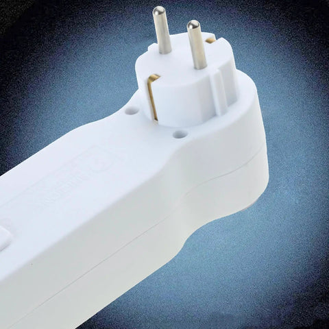 Heavy Duty Eu Standard 3 Way Power Strip Adapter With Two Pin Round Holes Compact White Wall Outlet Converter 250V 16A showing plug end.
