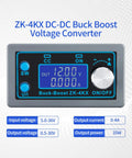 ZK-4KX DC-DC Buck Boost Voltage Converter with LCD display showing output, buttons for adjustment, input/output specs included.