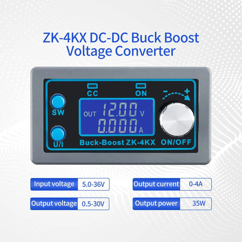 ZK-4KX DC-DC Buck Boost Voltage Converter with LCD display showing output, buttons for adjustment, input/output specs included.