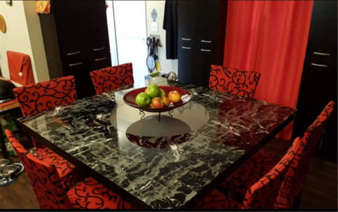 Dining table with Black Marble Peel And Stick Wallpaper For Countertops And Backsplashes Self Adhesive Vinyl Wrap.