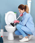 Woman using Top Shelf Heavy Duty 12 Pack Toilet Plungers with long grip handle to unclog toilet in bathroom.