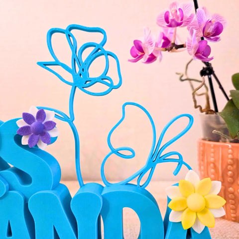 Custom 3D Printed Teacher Desk Name Plate Personalized Sign With Bold 3D Letters featuring floral accents and vibrant colors