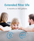 Smiling child with parents next to Replacement Faucet Water Filter For Aquasana AQ-4035 Systems, 6 months or 450 gallons life expectancy.