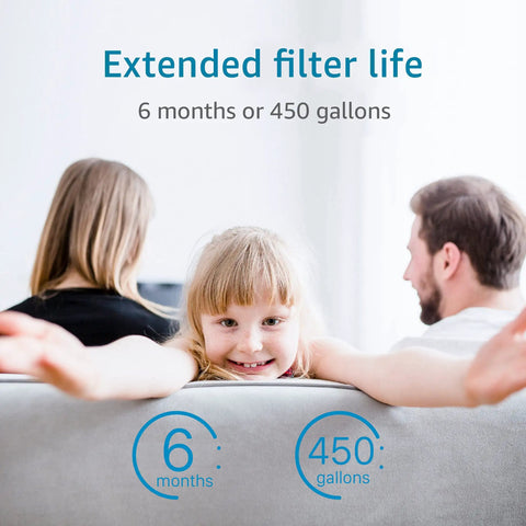 Smiling child with parents next to Replacement Faucet Water Filter For Aquasana AQ-4035 Systems, 6 months or 450 gallons life expectancy.