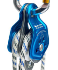 Upgraded Rescue Double Pulley Sheave With Swing Plate For Backyard Zipline And Climbing Adventures, blue, with rope installed