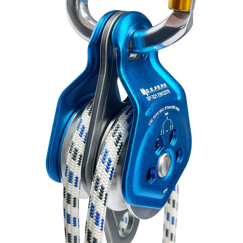Upgraded Rescue Double Pulley Sheave With Swing Plate For Backyard Zipline And Climbing Adventures, blue, with rope installed