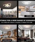 9 Ring Dimmable LED Ceiling Light With Remote, 2800K-7000K Stepless Dimming shown in kitchen, living room, bedroom, and exhibition hall