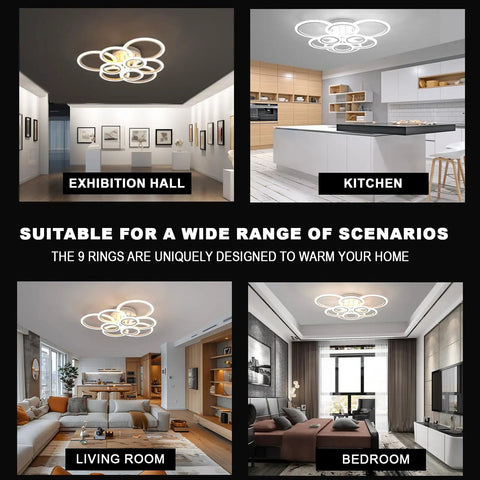 9 Ring Dimmable LED Ceiling Light With Remote, 2800K-7000K Stepless Dimming shown in kitchen, living room, bedroom, and exhibition hall