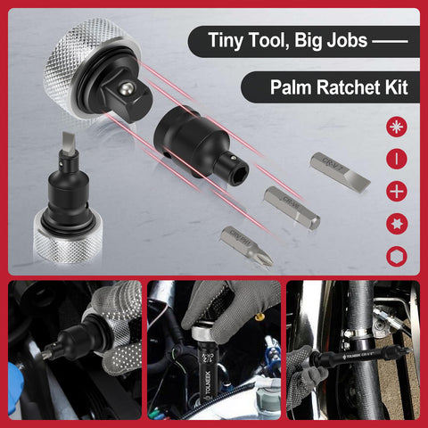 63 Piece One Half Inch Drive Impact Socket Set With SAE Three Eighths Inch To One Inch And Metric Ten To Twenty Four Millimeters Plus Extension Bars And Palm Ratchet Kit showing palm ratchet with bits and uses.