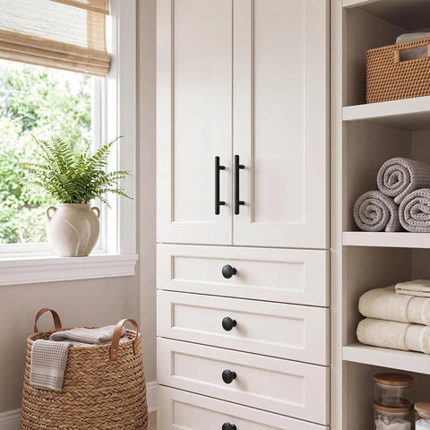 Matte Black Cabinet Pulls And Drawer Knobs Set For Cabinets And Drawers, Includes Ten Long Pulls And Ten Round Knobs, A Sleek No Brainer Upgrade For Your Kitchen Or Bath on white bathroom cabinet
