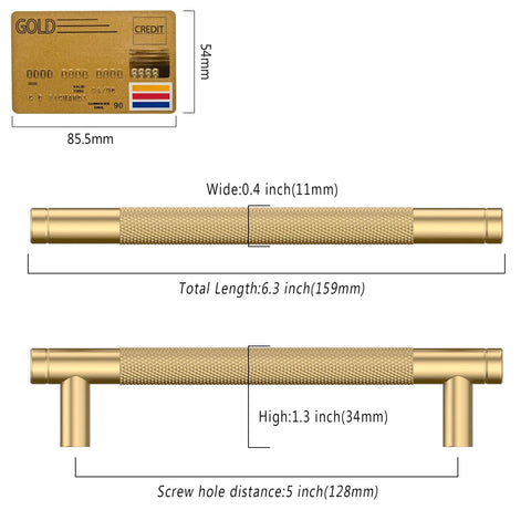 10 Pack 5 Inch Champagne Bronze Cabinet Pulls dimensions with comparison to credit card, showing 6.3 inch total length and screw hole distance