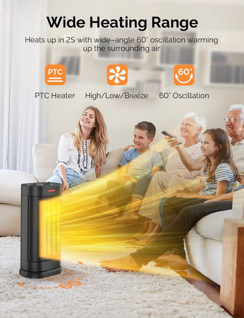 Family enjoying warmth from Two-Second 1500W Indoor Space Heater With PTC Ceramic Core, Adjustable Thermostat, Eco Mode