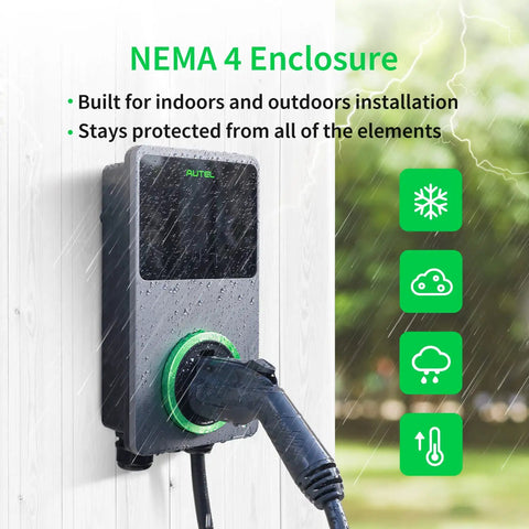 Level 2 EV Charger 50 Amp Smart AI Electric Vehicle Charger With Wi Fi And Bluetooth EVSE in use with NEMA 4 enclosure rain.