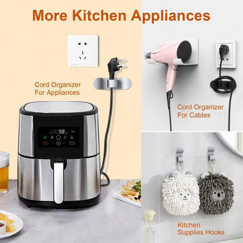 Cord Organizer Set For Kitchen Appliances Six Pack Stick On Cord Wrapper Holder Winder Keeps Cords Tidy For Mixer Blender Toaster Coffee Maker Air Fryer And Other Small Kitchen Gadgets shown with appliances.