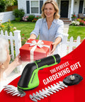 Woman receiving 2-In-1 Cordless Grass Shear And Hedge Trimmer With 2.0Ah Battery as a gardening gift in front of her home.