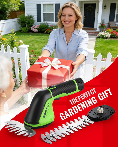 Woman receiving 2-In-1 Cordless Grass Shear And Hedge Trimmer With 2.0Ah Battery as a gardening gift in front of her home.