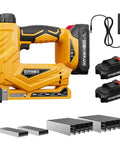 Heavy Duty 3 In 1 Cordless Staple Gun Runs On 21V Power And Shoots T50 Staples Plus 18 Gauge Brad Nails Up To Five Eighths Inch Into Fabric Carpet And Foam For Zero Hassle Crafts That Never Break A Sweat, showing yellow electric design and accessories.