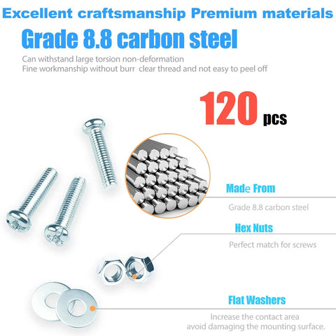 Top Notch Heavy Duty Eight Thirty Two Machine Screw Assortment Set With Zinc Plated Carbon Steel Bolts Nuts And Flat Washers For Garage Builds And Diy Repairs Built Like A Tank And Goes Together Quick, showcasing screws, nuts, and washers.