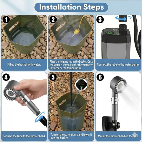 Installation steps for Portable Camping Shower With Heater, showing water bucket, heater, pump and shower head setup.