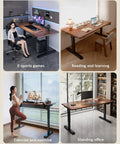 Brown Adjustable Standing Desk With Three Memory Buttons And Anti Collision Safety Tech For Home Office Setup shown in various uses.