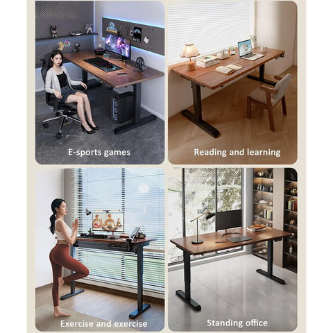 Brown Adjustable Standing Desk With Three Memory Buttons And Anti Collision Safety Tech For Home Office Setup shown in various uses.