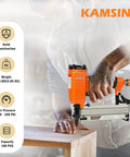 Ultra Lightweight Pneumatic Pin Nailer For Custom Woodworking in use, 23 gauge aluminum construction, precise finishing on wood.