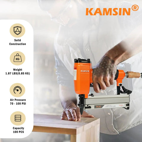 Ultra Lightweight Pneumatic Pin Nailer For Custom Woodworking in use, 23 gauge aluminum construction, precise finishing on wood.