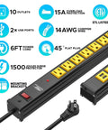 Heavy Duty Power Strip Surge Protector With USB 10 Outlets 6 Foot Extension Cord Mounting Brackets 15 Amp Circuit Breaker