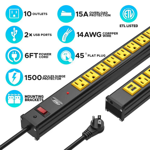 Heavy Duty Power Strip Surge Protector With USB 10 Outlets 6 Foot Extension Cord Mounting Brackets 15 Amp Circuit Breaker