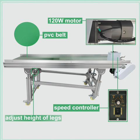 Beefy Aluminum PVC Belt Incline Conveyor With Adjustable Speed And Height for Industrial Transport showcasing 120W motor and speed controller.