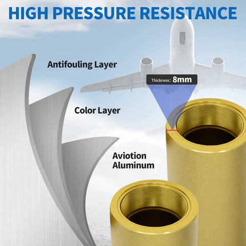 4500 Psi PCP Air Compressor Oil Water Filter with anodized aluminum, 8mm thickness, antifouling layers, airplane background