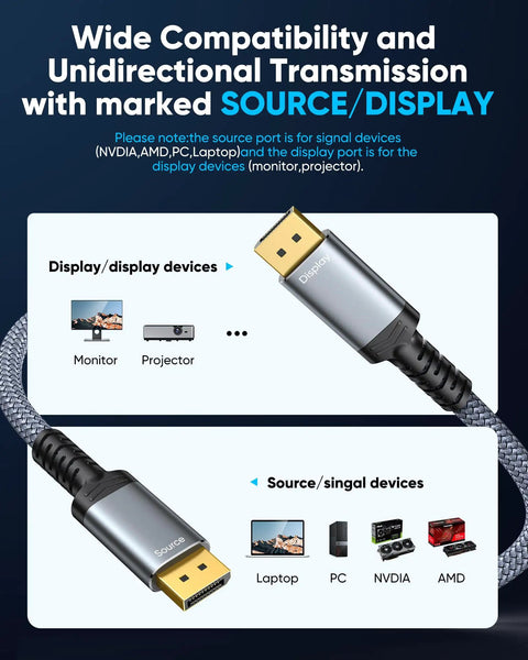 Rock Solid Fiber Optic DisplayPort 1.4 Cable 50 Feet connecting laptop to monitor, showcasing source and display ports.