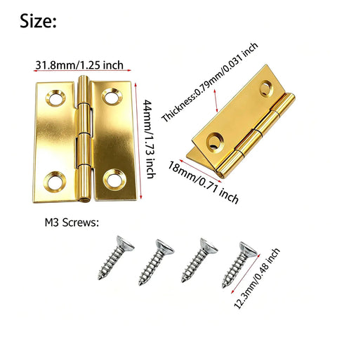 12 Pcs 1.73 Inch 4 Hole Folding Butt Hinges With Screws For Small Drawers Doors Tool Boxes Wooden Boxes Cabinets And DIY Model Making Budget Friendly Home DIYers And Craft Projects, showing hinge dimensions and screws.