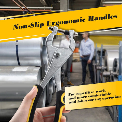 Hand holding 10 Inch Ceiling Grid Punch Pliers For Rivets 3.24mm Grid Hole Puncher in industrial setting, showcasing non-slip ergonomic handles.