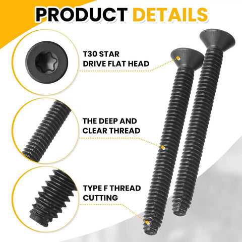 Close-up of 200 Pcs 1/4-20 x 2-1/2 self-tapping trailer deck screws flat head with star drive T-30 for wood to metal, black finish.