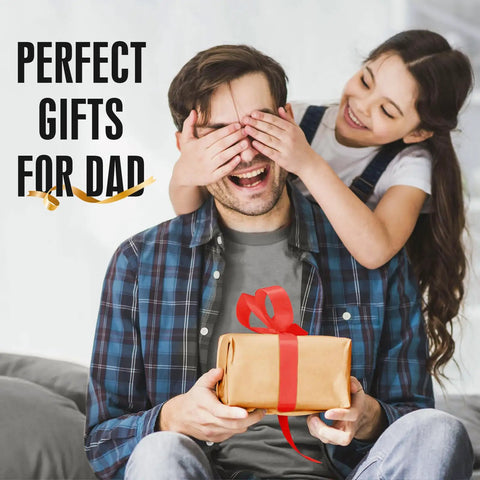 Father receiving gift from daughter, brown wrapped box with red ribbon, perfect gift idea for dad, happy surprise moment.