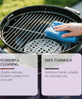 Person cleaning grill with blue cloth, showcasing Fast Acting Heavy Duty Grill Degreaser Spray for BBQ Grills, Professional Grade Stain Remover.