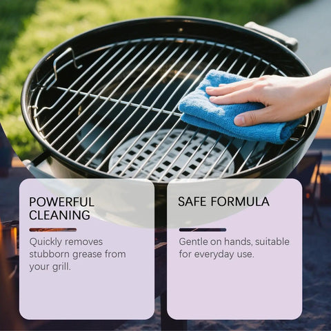 Person cleaning grill with blue cloth, showcasing Fast Acting Heavy Duty Grill Degreaser Spray for BBQ Grills, Professional Grade Stain Remover.